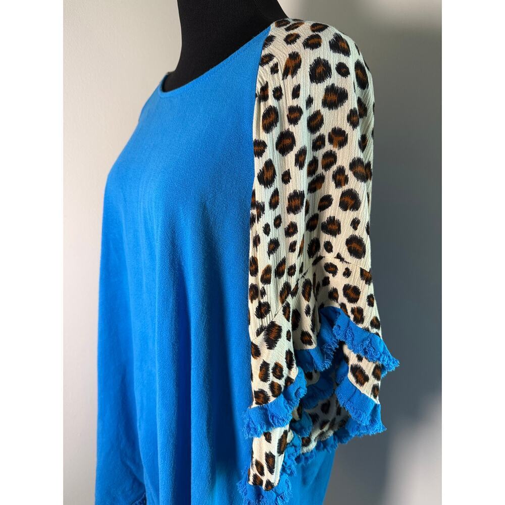 Umgee Linen Leopard Ruffle Sleeve Tunic Top Boho Coastal Cowgirl XL - Picture 2 of 8